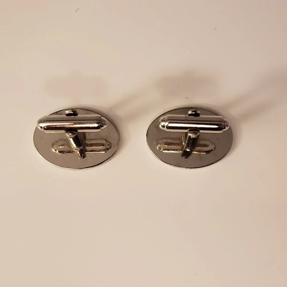 Vintage Men's Silvertone Oval Cufflinks Striped Stripe Scroll Flag